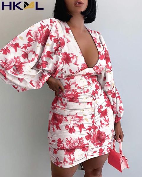 

casual dresses autumn dress women v neck lantern long sleeves high wasit printed elegant slim bodycon 2021, Black;gray