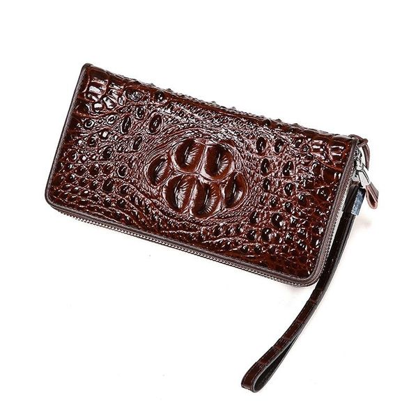 

double zipper crocodile head genuine leather handbag men's large capacity multi card clip bag fashion coin purse hologram wallets, Red;black