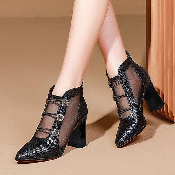 

shoes woman 2021 spring and summer thick heel pointed toe breathable mesh women's mid-heel rhinestone hollow sandals, Black