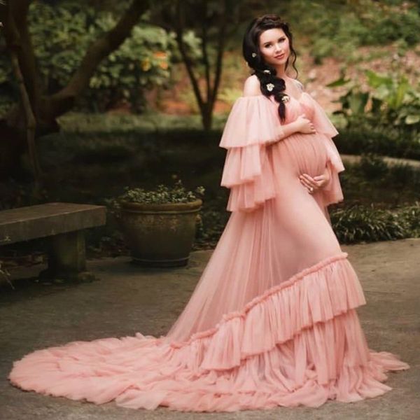 

fashion pink pregnant women's prom dresses maternity ruffles robes for p shoot or baby shower off the shoulder gowns, Black