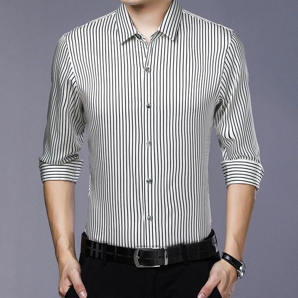 

men's long-sleeved stripe thin casual silk shirt shirts, White;black