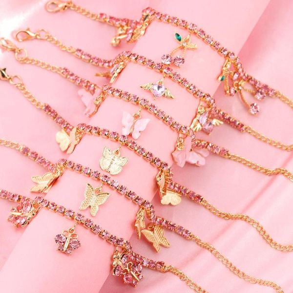 

anklets boho pink crystal chain bracelets for women shiny cute butterfly charms iced out tennis foot anklet female jewelry, Red;blue