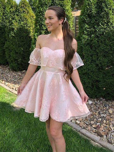 

sweetheart lace homecoming dresses off shoulder zipper back gradaution party gowns a line short prom club girls' cocktail wear, Blue;pink