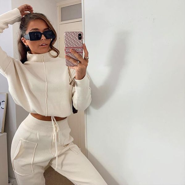 

fashion trend clothing set womenpant long sleeve high neck sweater drawstring pants two piece suit for holiday party travelling, White
