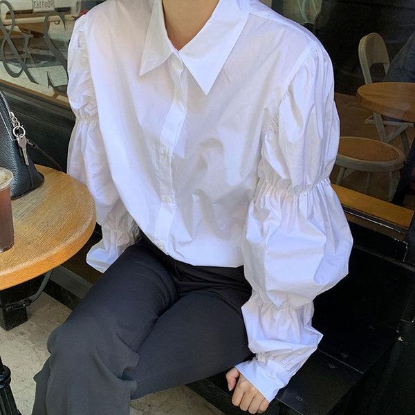 

women autumn winter vintage blouse female turn-down collar puff sleeve shirt lady casual solid single breasted f200 women's blouses & s, White