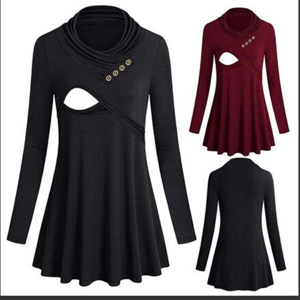 

simple breastfeeding clothes for women autumn pile collar long-sleeved irregular hem ladies maternity dresses, White