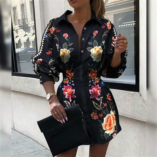 

casual dresses flower print high waist button down mini dress loose elegant women ol v neck long sleeve shirts, Black;gray