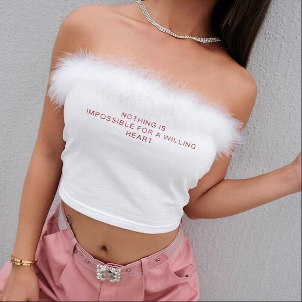 

strapless feather bandeau boob women shirt tube letter print crop casual cami blouse, White
