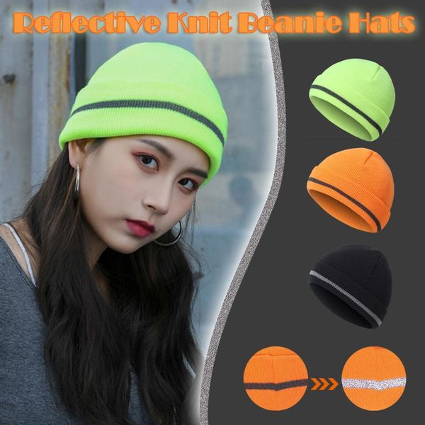 

beanies bright color fireman reflective beanie winter safety night running knitted hat warm cuffed neon yellow orange #t1p