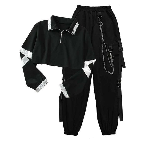 

student cargo pants buckle ribbon pocket jogger elastic waist high streetwear harajuku pant chain females two piece 210531, White