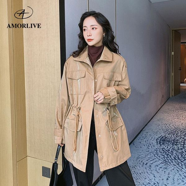 

women's trench coats amor live pink bright silk cotton coat with belt waterproof windproof drawstring waist long casual female windbrea, Tan;black