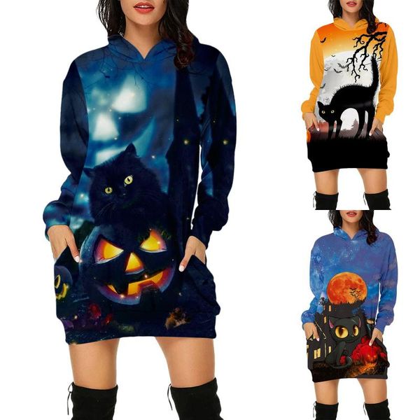 

casual dresses women halloween winter dress women's pumpkin cat print hooded sweatshirt costumes for, Black;gray