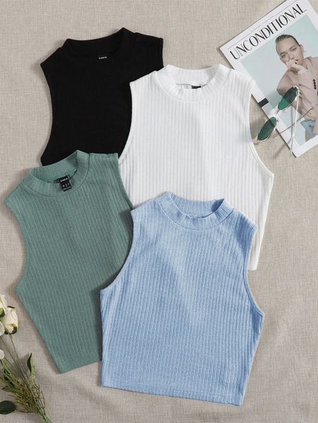 

4pcs mock neck rib knit tank r67k#, White