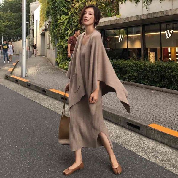 

skirt autumn winter women knit wool blends cardigan coat knitwear jackets+two piece sleeveless dress set 4eic, Black