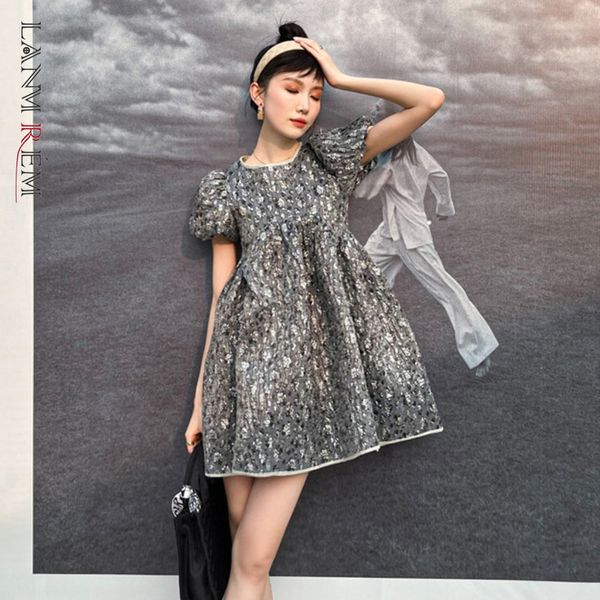 

spring summer printed puff sleeve short dress women ladies elegant streetwear fashion tide dresses 2d1545 210507, Black;gray