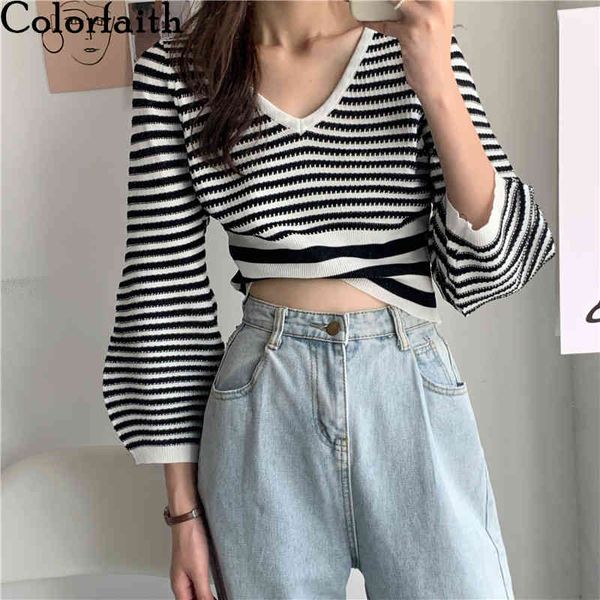 

colorfaith new autumn winter women sweater v-neck knitted crop pullovers striped puff sleeve wild ladies sw6518 210413, White;black