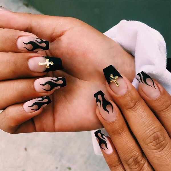 

false nails 24pcs short black flame ballerina french wearable fake full cover nail art tips detachable manicure tool, Red;gold