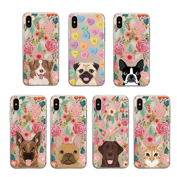 Divertente cucciolo di cane Bulldog francese con fiori rosa Custodia protettiva morbida in TPU trasparente per iPhone 12 11 Pro X XR XS Max 5 5S 6 6S 7 8 PLUS SE