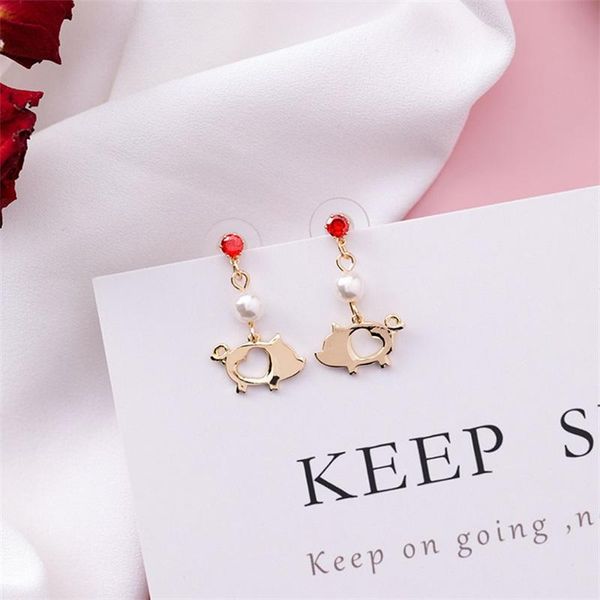 

korean metal gold hollow pig earrings fashion cute animal pearl long dangle women jewelry the birth year gift & chandelier, Silver