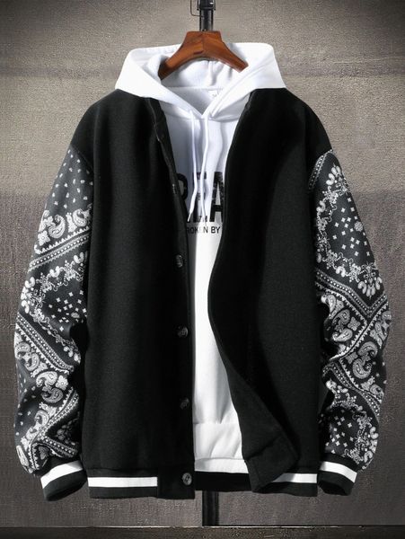

men paisley and scarf print bomber jacket without hoodie 31et#, Black;brown