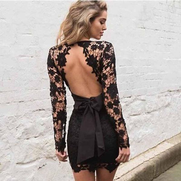 

casual dresses wavaiov 2021 women deep v-neck long sleeve lace floral dress backless mini bodycon with bow belt vestido, Black;gray