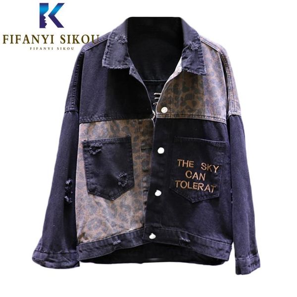 

women's jackets leopard patchwork denim jacket women pocket embroidery ripped jeans female loose fashion coat harajuku, Black;brown