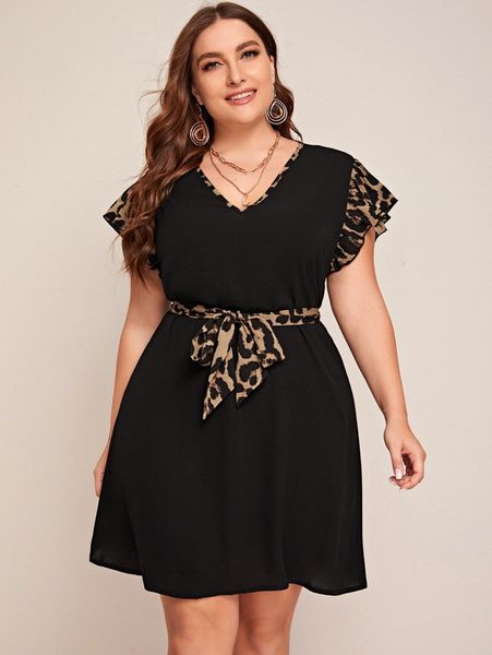 

plus v-neck leopard print belted dress b1eh#, Black