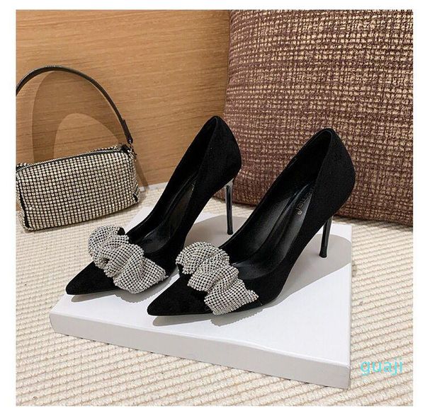 

dress shoes woman suede rhinestone heels for women vogue stiletto office female comfort pointed toe party high, Black