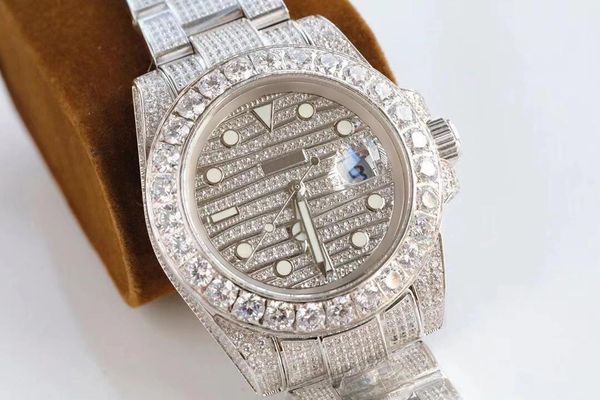 

wristwatches men automatic mechanical stainless steel sapphire eta2813 silver white full iced diamonds luminous watch 40mm, Slivery;brown