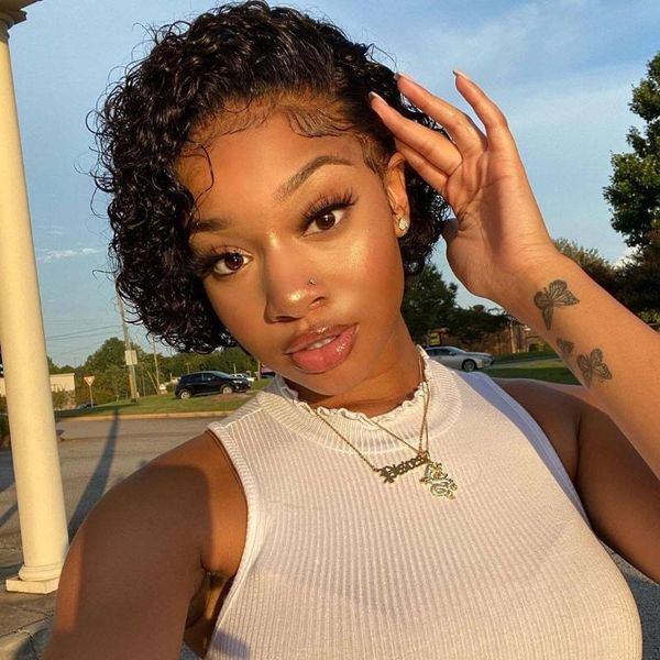 

lace wigs curly pixie cut wig front human hair for women natural color preplucked hairline 13x2 transparent under $50, Black;brown
