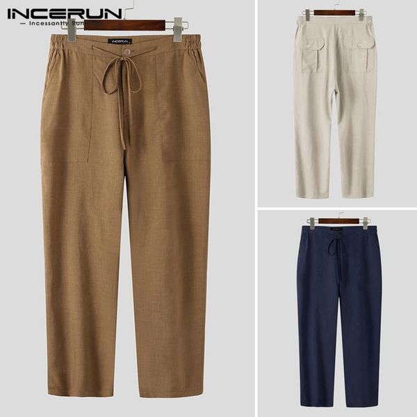 

men casual straight pants button solid color joggers streetwear business leisure pantalones hombre vintage thin trousers incerun men's, Black