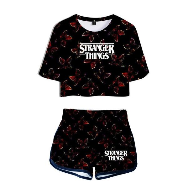 

summer sets stranger things 3 womens tracksuits 3d printed short sleeve crop shorts sweat suits women two piece outfit, Gray