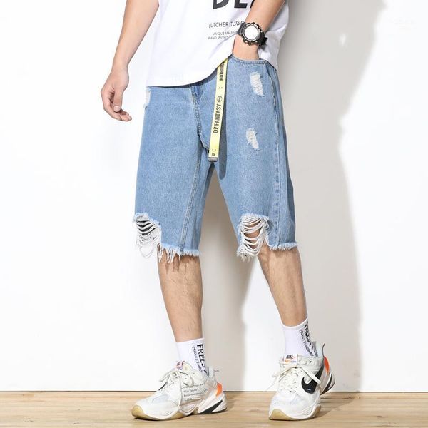

summer youth solid color hole denim five-point pants fashion casual wild increase plus fat size shorts men's jeans, Blue
