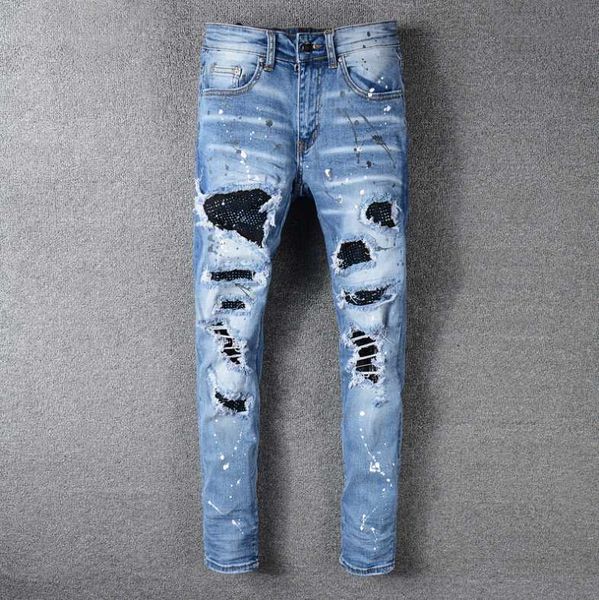 

men's jeans male rhinestone crystal patchwork light blue ripped jeans slim fit skinny stretch denim pants trousers u5mg