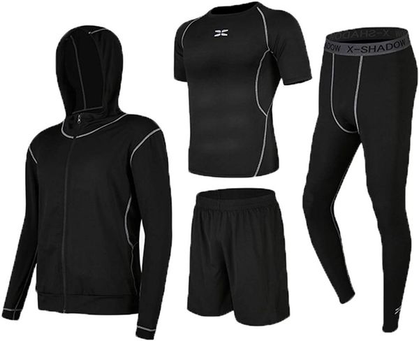 

5pcs men's compression pants shirt long sleeve jacket set suit men fitness gym workout sportswear outfits clothing, White;black