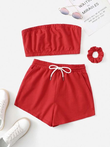 

solid shirred tube & drawstring waist shorts & hair band m477#, White