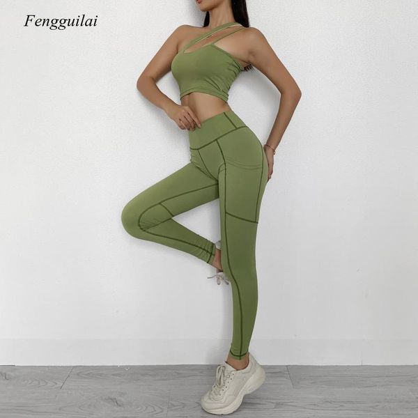 

women's leggings 2021 summer slant shoulder tight trousers sports fitness suit shockproof running set women fashion, Black
