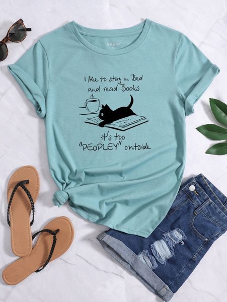 

cat & slogan graphic tee t2pc#, White