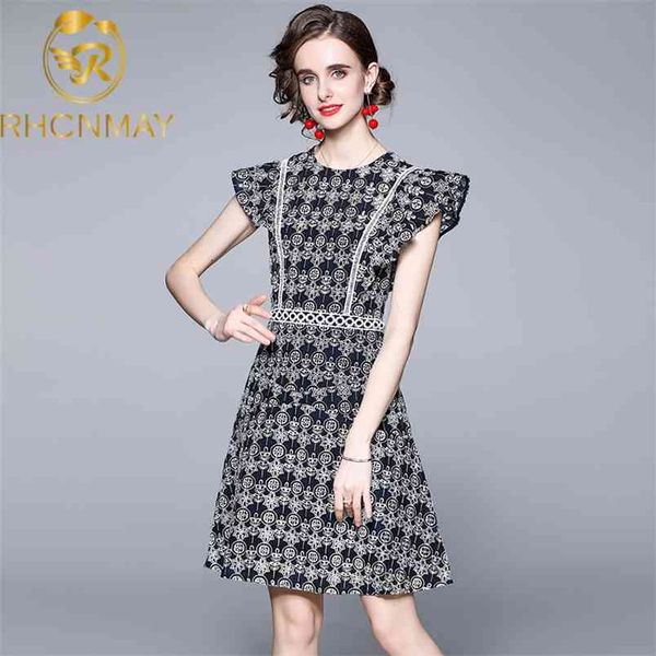

temperament crochet dress women summer flying sleeve lace up a line elegant dresses clothes vestidos robe femme 210506, Black;gray