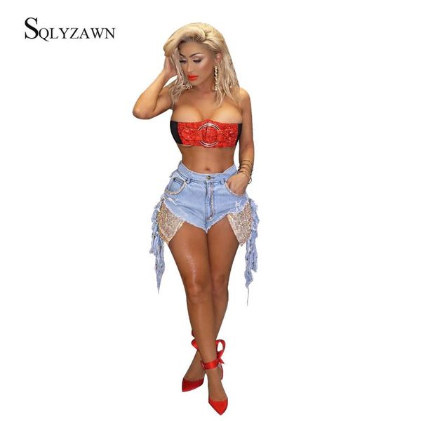 

women's jeans high waist ripped shorts women summer nightclub sequined patchwork trouser drilling tassel pocket streetwear denim pants, Blue
