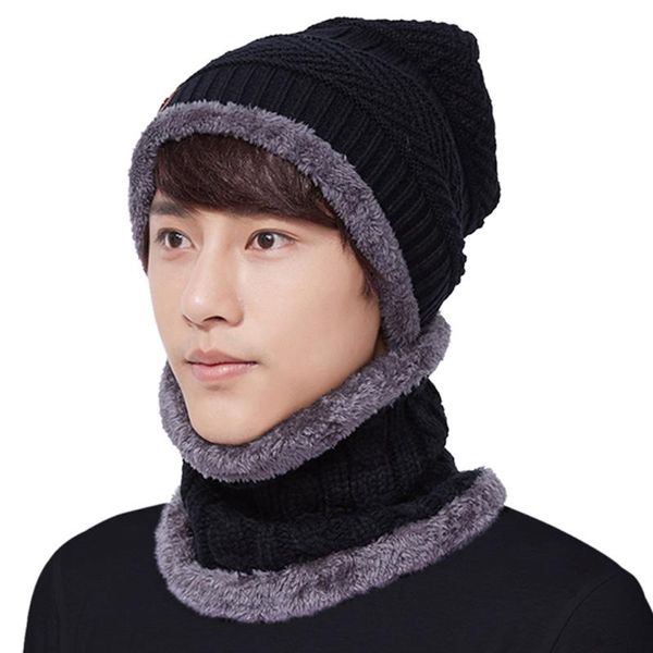 

warm knit beanie scarf set plush hat neckerchief women men sports hiking camping cycling skull cap outdoor equipment caps & masks, Black