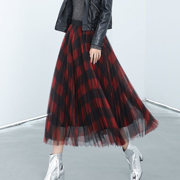 

skirts skirts winter vintage plaid pleated maxi tulle elegant red green check tartan a-line ankle long mesh s tp7r, Black