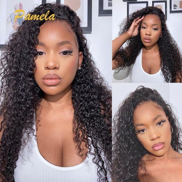 

13x4 lace front wig for black women 150% density kinky curly human hair side part wigs1, Black;brown