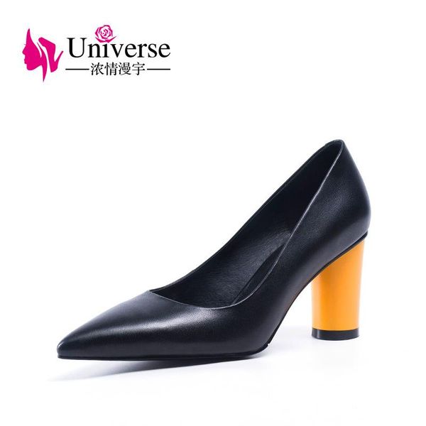 

universe elegant dress pumps genuine leather slip-on spring&autumn high square heels women shoes ladies 2021 h155, Black