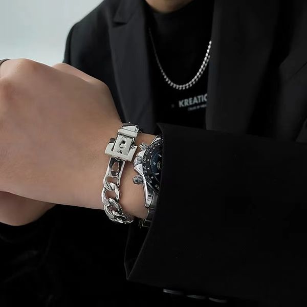 

harajuku style metal personality design strap chain bracelets men and women tide ins hip hop niche bracelet simple couple jewelry, Black