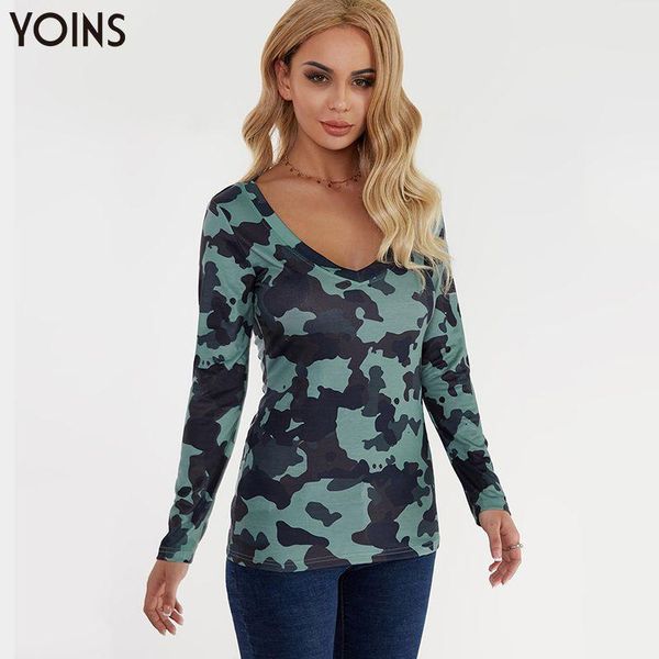 

women's t-shirt yoins women green camouflage v neck bodycon t-shirts casual everyday camo pattern tees spring autumn slim fit long slee, White