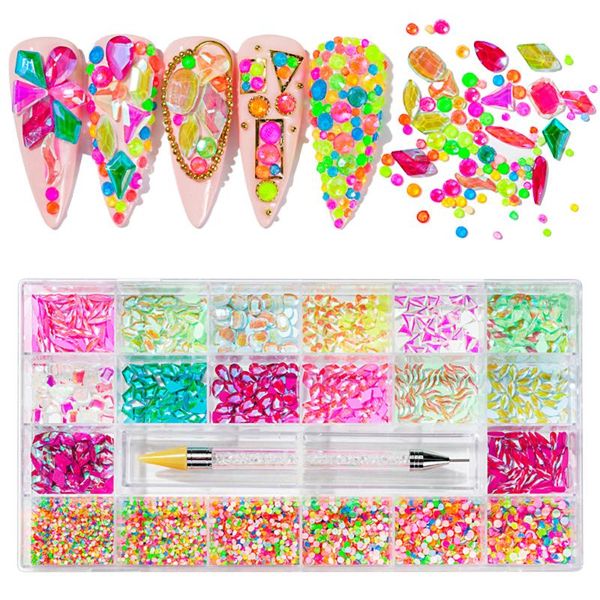 

nail art decorations 1box multi-color fluorescent irregular rhinestones 1 dotting pen with ss4-ss12 half round flat back manicure stones l#4, Silver;gold