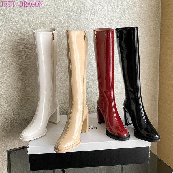 

boots 2021 women knee high patent leather square heel ladies zipper pointed toe autumn winter shoes woman, Black