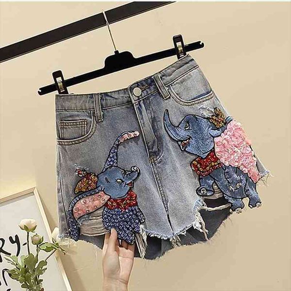 

cartoon dumbo sequined diamond denim shorts summer loose wide leg hole shorts students casual, Blue