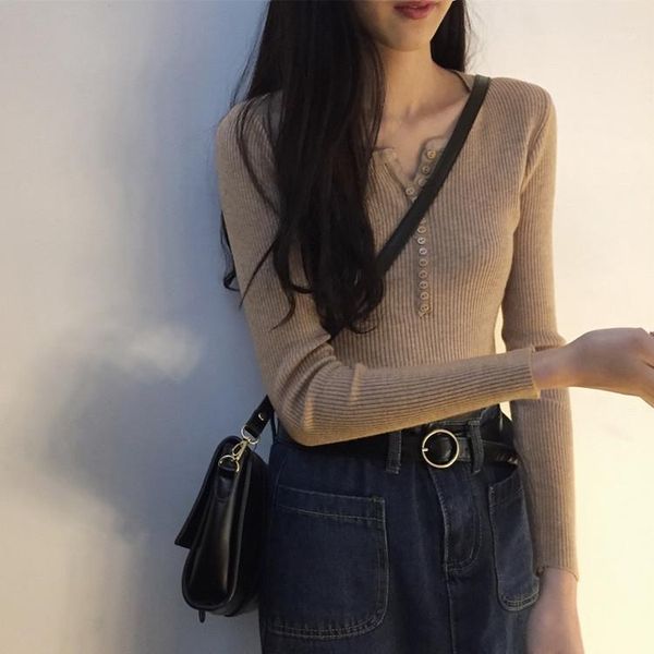 

women's knit sweater and pullover long sleeves o-neck button casual solid basic thin ladies sweaters autumn spring, White;black